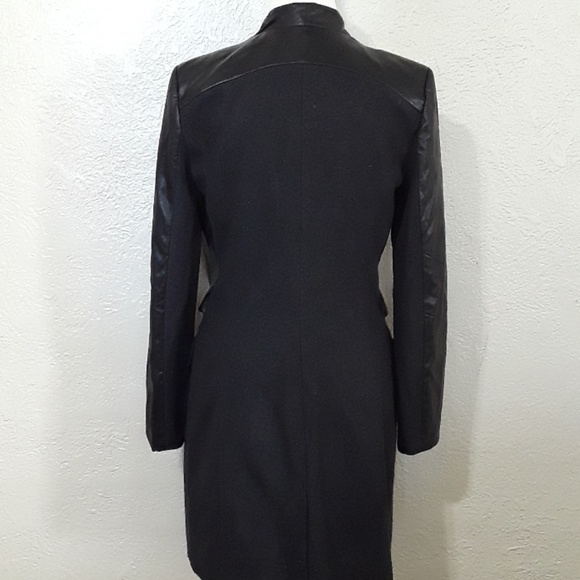 Long coat • Grey wool, black faux leather.  Small - Picture 5 of 8